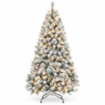 4.5 ft Prelit Flocked Artificial Christmas Tree with 250 Lights, 24 Pinecones, 498 PVC Tips, Snowy Hinged Tree and Metal Stand