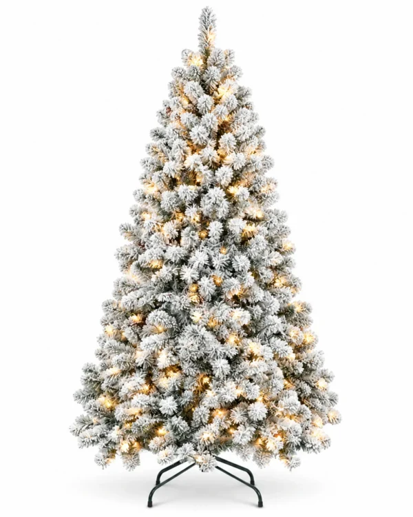 4.5 ft Prelit Flocked Artificial Christmas Tree with 250 Lights, 24 Pinecones, 498 PVC Tips, Snowy Hinged Tree and Metal Stand