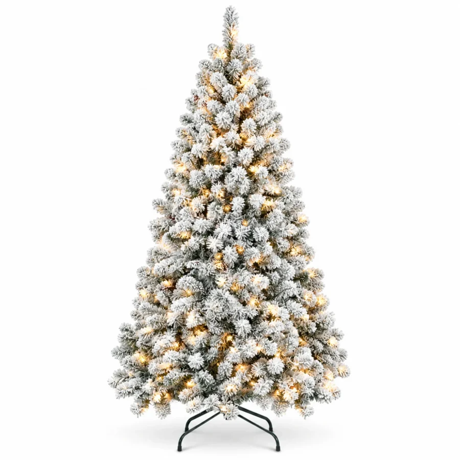 4.5 ft Prelit Flocked Artificial Christmas Tree with 250 Lights, 24 Pinecones, 498 PVC Tips, Snowy Hinged Tree and Metal Stand