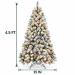 4.5 ft Prelit Flocked Artificial Christmas Tree with 250 Lights, 24 Pinecones, 498 PVC Tips, Snowy Hinged Tree and Metal Stand