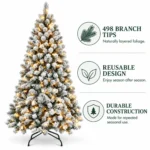 4.5 ft Prelit Flocked Artificial Christmas Tree with 250 Lights, 24 Pinecones, 498 PVC Tips, Snowy Hinged Tree and Metal Stand