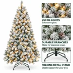 4.5 ft Prelit Flocked Artificial Christmas Tree with 250 Lights, 24 Pinecones, 498 PVC Tips, Snowy Hinged Tree and Metal Stand