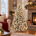 4.5 ft Prelit Flocked Artificial Christmas Tree with 250 Lights, 24 Pinecones, 498 PVC Tips, Snowy Hinged Tree and Metal Stand