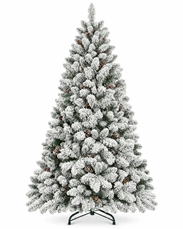 4.5 ft Flocked Artificial Christmas Tree with 21 Pinecones, 498 PVC Tips, Unlit Snowy Foliage, Hinged Branches and Metal Stand