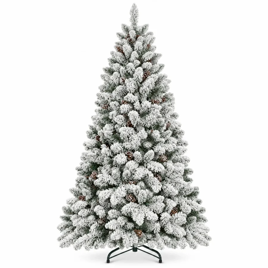 4.5 ft Flocked Artificial Christmas Tree with 21 Pinecones, 498 PVC Tips, Unlit Snowy Foliage, Hinged Branches and Metal Stand