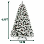 4.5 ft Flocked Artificial Christmas Tree with 21 Pinecones, 498 PVC Tips, Unlit Snowy Foliage, Hinged Branches and Metal Stand