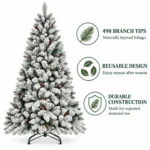 4.5 ft Flocked Artificial Christmas Tree with 21 Pinecones, 498 PVC Tips, Unlit Snowy Foliage, Hinged Branches and Metal Stand