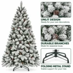 4.5 ft Flocked Artificial Christmas Tree with 21 Pinecones, 498 PVC Tips, Unlit Snowy Foliage, Hinged Branches and Metal Stand