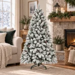 4.5 ft Flocked Artificial Christmas Tree with 21 Pinecones, 498 PVC Tips, Unlit Snowy Foliage, Hinged Branches and Metal Stand