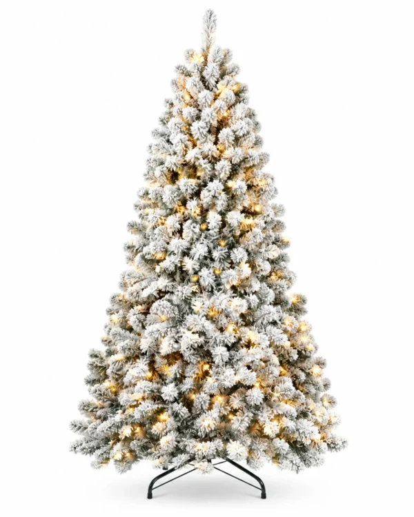 8 ft Pre-Lit Flocked Artificial Christmas Tree with 700 Lights, 54 Pinecones, 1,754 Mixed PVC Tips, Hinged Branches and Metal Stand
