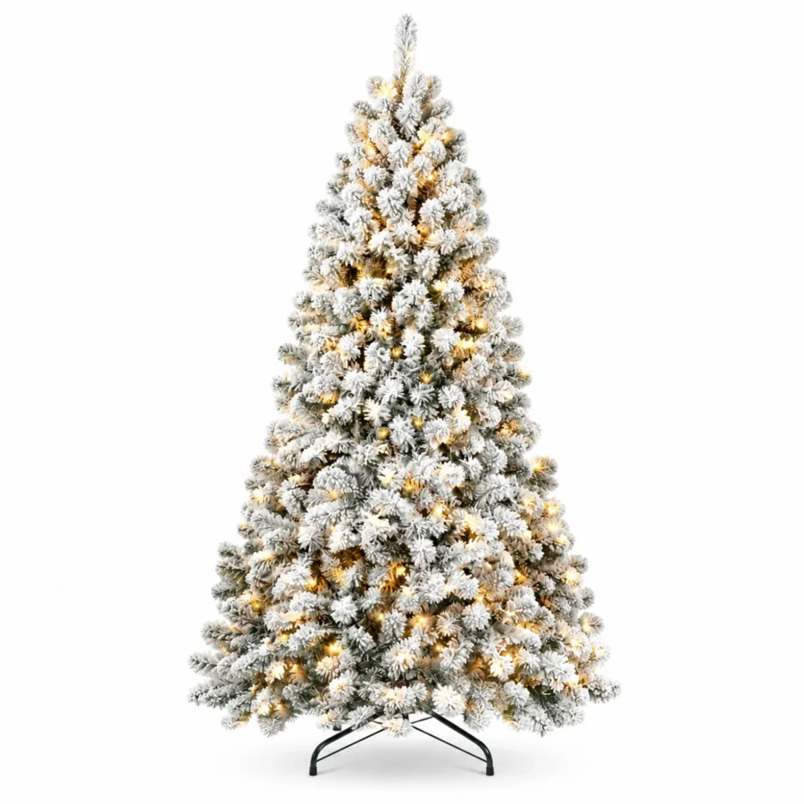 8 ft Pre-Lit Flocked Artificial Christmas Tree with 700 Lights, 54 Pinecones, 1,754 Mixed PVC Tips, Hinged Branches and Metal Stand