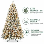 8 ft Pre-Lit Flocked Artificial Christmas Tree with 700 Lights, 54 Pinecones, 1,754 Mixed PVC Tips, Hinged Branches and Metal Stand