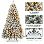 8 ft Pre-Lit Flocked Artificial Christmas Tree with 700 Lights, 54 Pinecones, 1,754 Mixed PVC Tips, Hinged Branches and Metal Stand