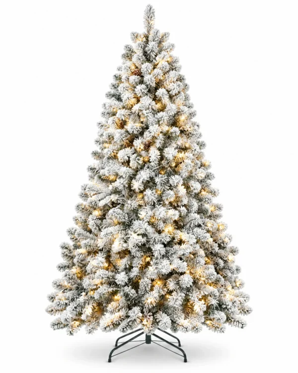 9 ft Pre-Lit Flocked Artificial Christmas Tree with 850 Lights, 63 Pinecones, 2,240 Mixed PVC Tips, Hinged Branches and Metal Stand