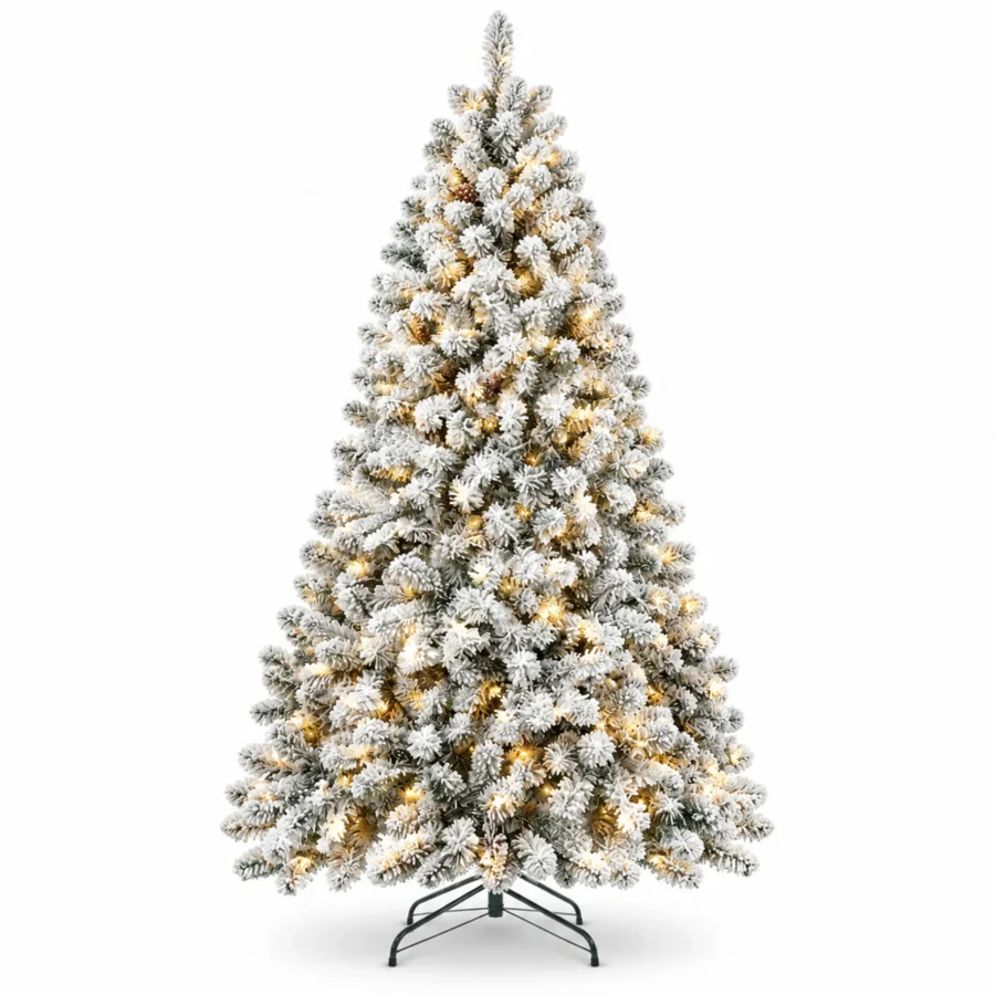 9 ft Pre-Lit Flocked Artificial Christmas Tree with 850 Lights, 63 Pinecones, 2,240 Mixed PVC Tips, Hinged Branches and Metal Stand