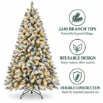 9 ft Pre-Lit Flocked Artificial Christmas Tree with 850 Lights, 63 Pinecones, 2,240 Mixed PVC Tips, Hinged Branches and Metal Stand