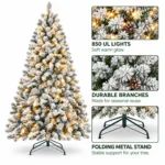 9 ft Pre-Lit Flocked Artificial Christmas Tree with 850 Lights, 63 Pinecones, 2,240 Mixed PVC Tips, Hinged Branches and Metal Stand