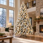 9 ft Pre-Lit Flocked Artificial Christmas Tree with 850 Lights, 63 Pinecones, 2,240 Mixed PVC Tips, Hinged Branches and Metal Stand