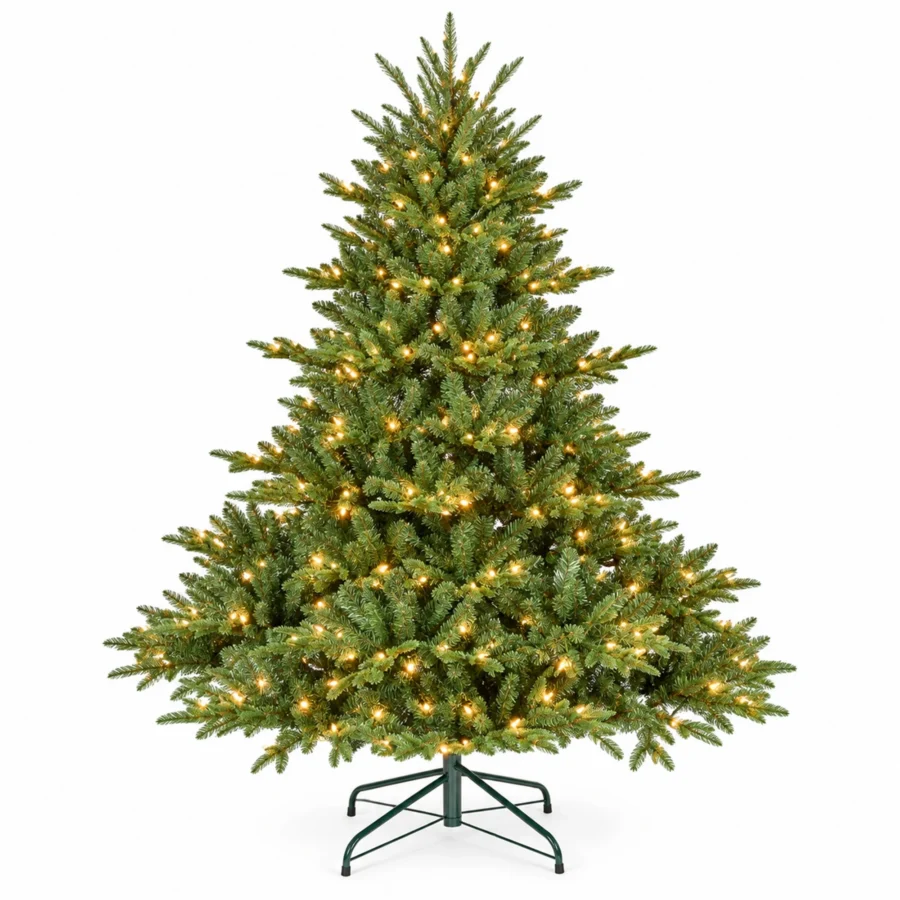 4 ft Prelit Artificial Christmas Tree with 150 Lights, Lush Green PE/PVC Foliage, 714 Tips, Hinged Branches and Metal Stand