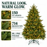 4 ft Prelit Artificial Christmas Tree with 150 Lights, Lush Green PE/PVC Foliage, 714 Tips, Hinged Branches and Metal Stand