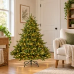 4 ft Prelit Artificial Christmas Tree with 150 Lights, Lush Green PE/PVC Foliage, 714 Tips, Hinged Branches and Metal Stand