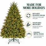 5 ft Prelit Artificial Christmas Tree with 350 Lights, Lush Green PE/PVC Foliage, 1,129 Tips, Hinged Branches and Metal Stand