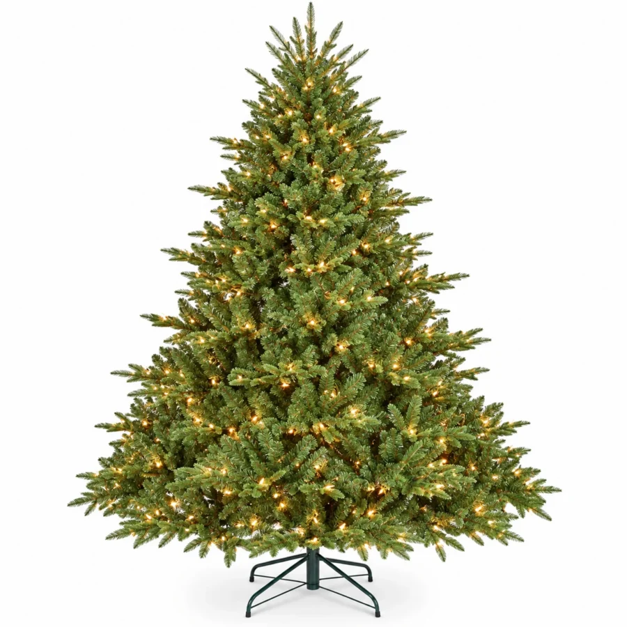 7 ft Prelit Artificial Christmas Tree with 750 Lights, Lush Green PE/PVC Foliage, 2,257 Tips, Hinged Branches and Metal Stand
