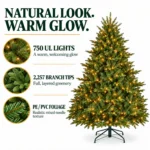 7 ft Prelit Artificial Christmas Tree with 750 Lights, Lush Green PE/PVC Foliage, 2,257 Tips, Hinged Branches and Metal Stand