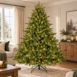 7 ft Prelit Artificial Christmas Tree with 750 Lights, Lush Green PE/PVC Foliage, 2,257 Tips, Hinged Branches and Metal Stand