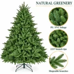 7 ft Unlit Artificial Christmas Tree with Layered Green PE/PVC Foliage, 2,257 Branch Tips, Hinged Sections and Metal Stand