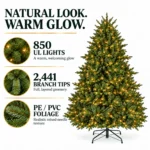 7.5 ft Prelit Artificial Christmas Tree with 850 Lights, Lush Green PE/PVC Foliage, 2,441 Tips, Hinged Branches and Metal Stand
