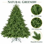 7.5 ft Unlit Artificial Christmas Tree with Layered Green PE/PVC Foliage, 2,441 Branch Tips, Hinged Sections and Metal Stand