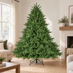 7.5 ft Unlit Artificial Christmas Tree with Layered Green PE/PVC Foliage, 2,441 Branch Tips, Hinged Sections and Metal Stand