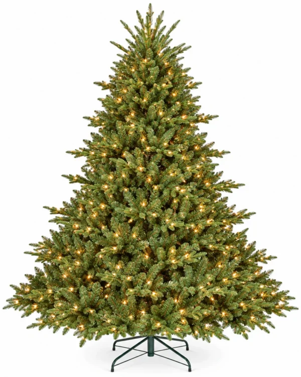 8 ft Prelit Artificial Christmas Tree with 900 Lights, Lush Green PE/PVC Foliage, 2,673 Tips, Hinged Branches and Metal Stand