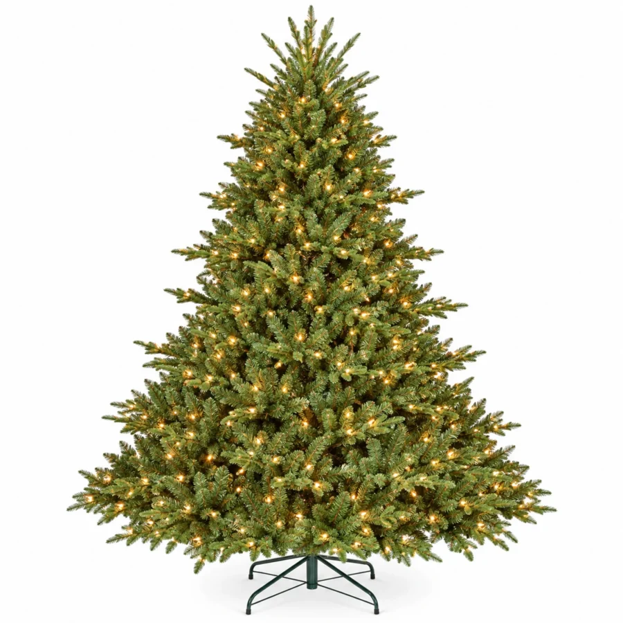8 ft Prelit Artificial Christmas Tree with 900 Lights, Lush Green PE/PVC Foliage, 2,673 Tips, Hinged Branches and Metal Stand