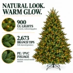 8 ft Prelit Artificial Christmas Tree with 900 Lights, Lush Green PE/PVC Foliage, 2,673 Tips, Hinged Branches and Metal Stand