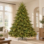8 ft Prelit Artificial Christmas Tree with 900 Lights, Lush Green PE/PVC Foliage, 2,673 Tips, Hinged Branches and Metal Stand