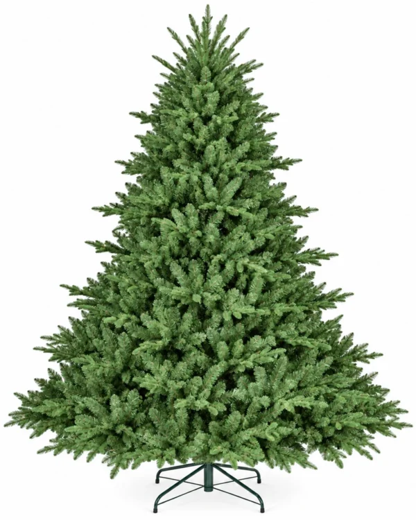 8 ft Unlit Artificial Christmas Tree with Layered Green PE/PVC Foliage, 2,673 Branch Tips, Hinged Sections and Metal Stand