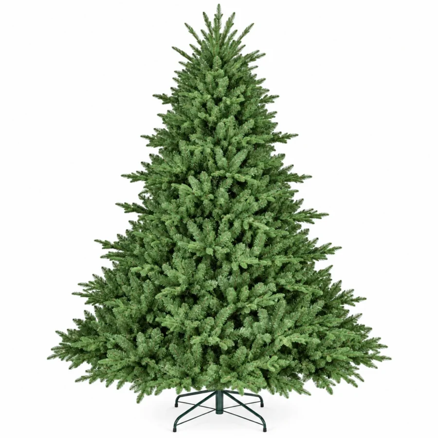 8 ft Unlit Artificial Christmas Tree with Layered Green PE/PVC Foliage, 2,673 Branch Tips, Hinged Sections and Metal Stand