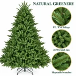 8 ft Unlit Artificial Christmas Tree with Layered Green PE/PVC Foliage, 2,673 Branch Tips, Hinged Sections and Metal Stand