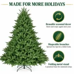 8 ft Unlit Artificial Christmas Tree with Layered Green PE/PVC Foliage, 2,673 Branch Tips, Hinged Sections and Metal Stand