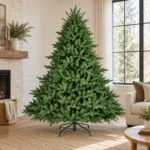 8 ft Unlit Artificial Christmas Tree with Layered Green PE/PVC Foliage, 2,673 Branch Tips, Hinged Sections and Metal Stand
