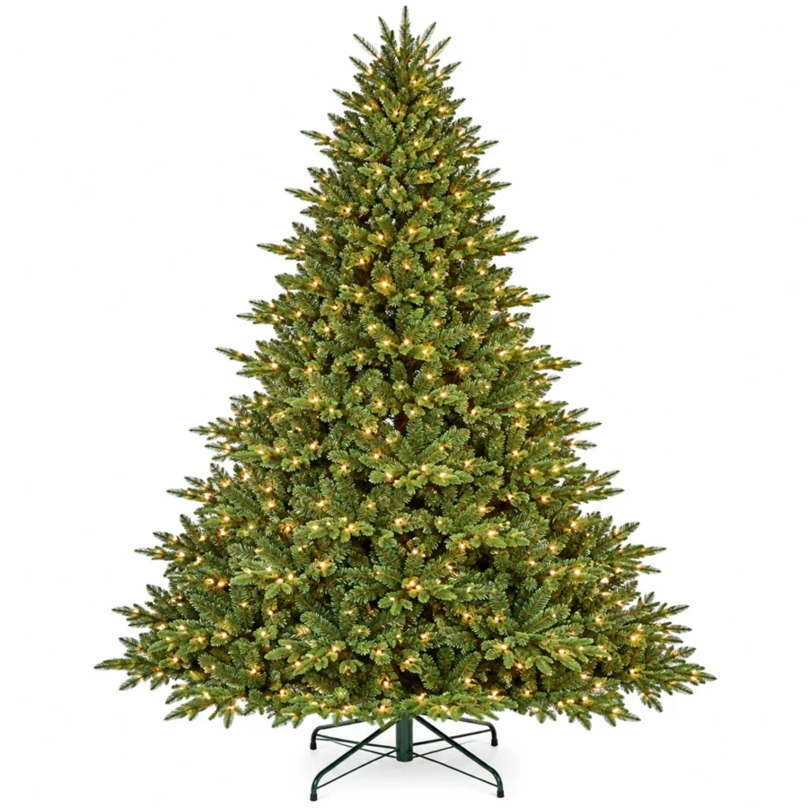 9 ft Prelit Artificial Christmas Tree with 1,100 Lights, Lush Green PE/PVC Foliage, 3,451 Tips, Hinged Branches and Metal Stand