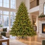 9 ft Prelit Artificial Christmas Tree with 1,100 Lights, Lush Green PE/PVC Foliage, 3,451 Tips, Hinged Branches and Metal Stand