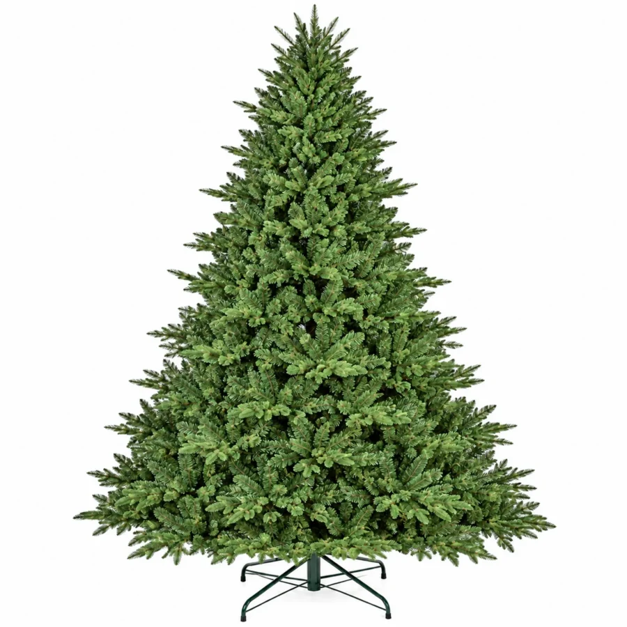 9 ft Unlit Artificial Christmas Tree with Layered Green PE/PVC Foliage, 3,451 Branch Tips, Hinged Sections and Metal Stand