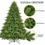 9 ft Unlit Artificial Christmas Tree with Layered Green PE/PVC Foliage, 3,451 Branch Tips, Hinged Sections and Metal Stand