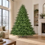 9 ft Unlit Artificial Christmas Tree with Layered Green PE/PVC Foliage, 3,451 Branch Tips, Hinged Sections and Metal Stand