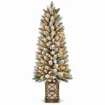 4 ft Prelit Flocked Potted Artificial Christmas Tree with 100 Multicolor LED Lights, Pinecones and Gold-Tone Decorative Planter