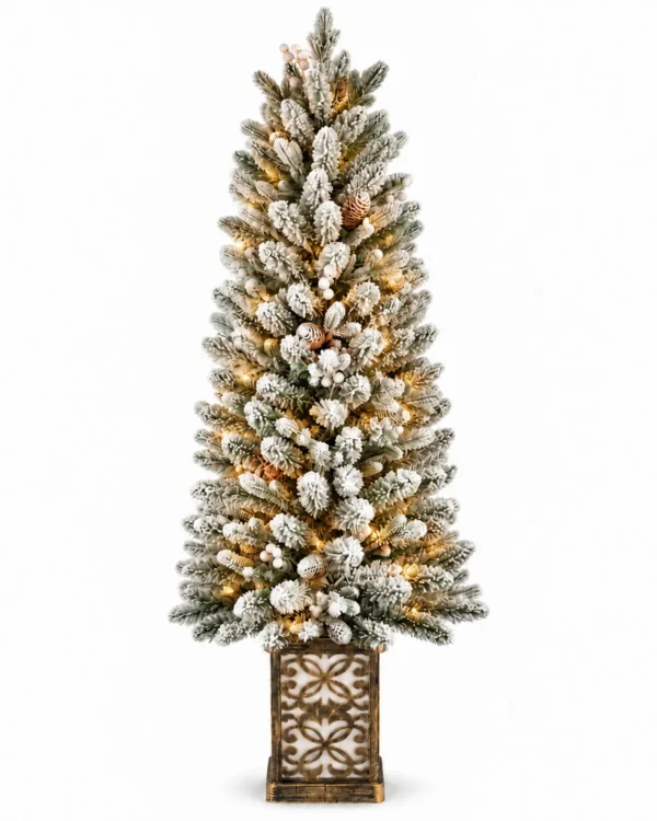 4 ft Prelit Flocked Potted Artificial Christmas Tree with 100 Multicolor LED Lights, Pinecones and Gold-Tone Decorative Planter