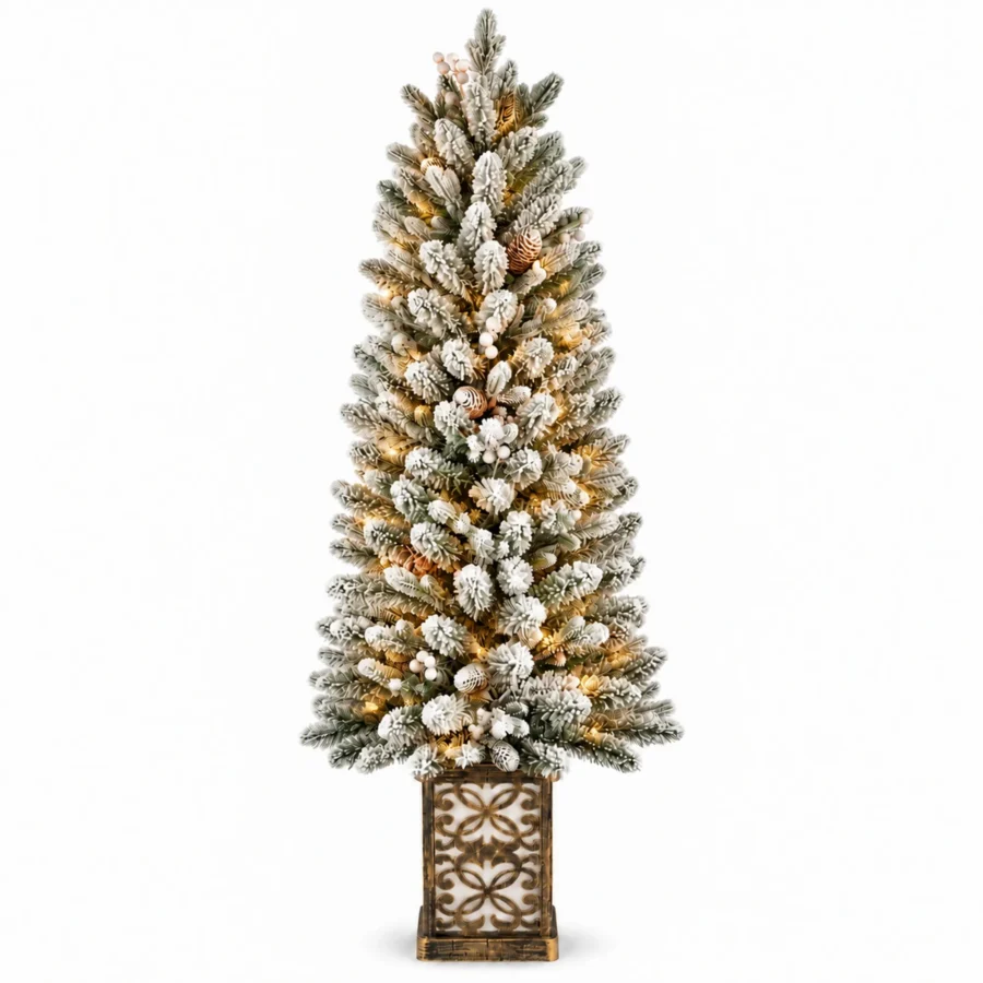 4 ft Prelit Flocked Potted Artificial Christmas Tree with 100 Multicolor LED Lights, Pinecones and Gold-Tone Decorative Planter